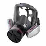 Full-face respirator for spray painting, chemical and pesticide applications; dust-proof with filter canister attachment; protective face shield.
