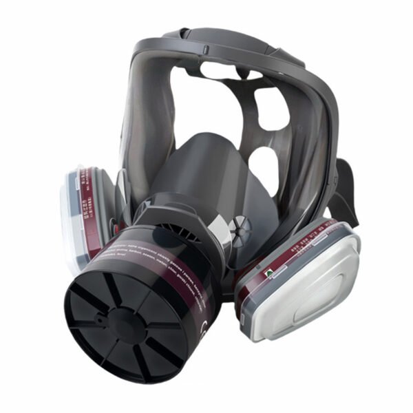 Full-face respirator for spray painting, chemical and pesticide applications; dust-proof with filter canister attachment; protective face shield.