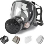 Full-face respirator for spray painting, chemical and pesticide applications; dust-proof with filter canister attachment; protective face shield.