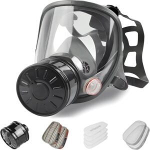Full-face respirator for spray painting, chemical and pesticide applications; dust-proof with filter canister attachment; protective face shield.