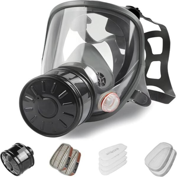 Full-face respirator for spray painting, chemical and pesticide applications; dust-proof with filter canister attachment; protective face shield.