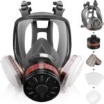 Full-face respirator for spray painting, chemical and pesticide applications; dust-proof with filter canister attachment; protective face shield.