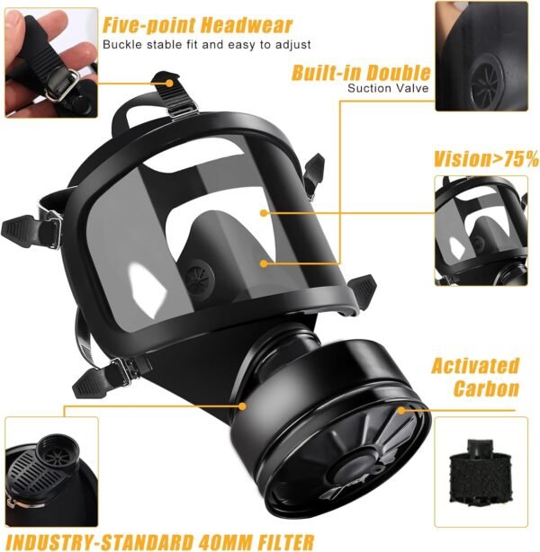 Wide-View Respirator with Black Headgear Self-Sealing Filtering Full-Face Mask for Smoke, Dust and Toxic Gas Protection