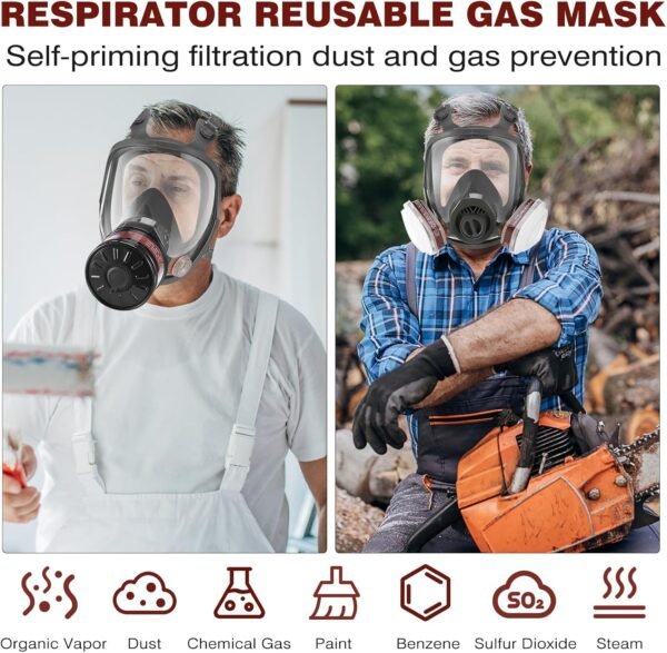 Full-face respirator for spray painting, chemical and pesticide applications; dust-proof with filter canister attachment; protective face shield.